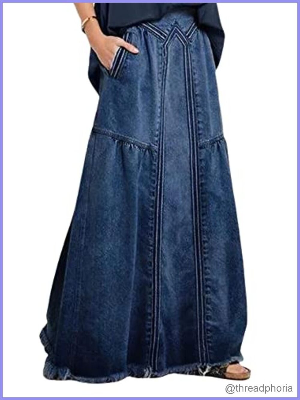 High Waist Frayed A-Line Maxi Denim Skirt with Pockets